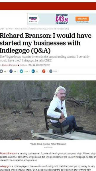 Online news clipping. Headline reads Richard Branson: I would have started my businesses with Indiegogo (Q&A)