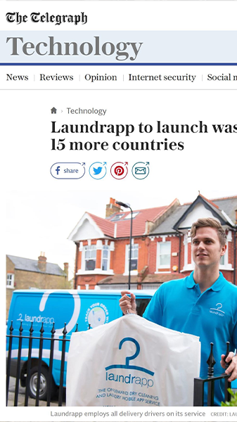News clipping from The Telegraph. Headline reads Laundrapp to launch in 15 more countries