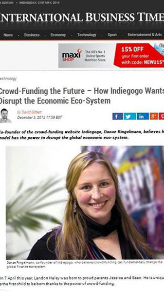 International Business Times news clipping. Headline reads Crowd-funding the future - How Indiegogo wants to disrupt the Economic eco-system