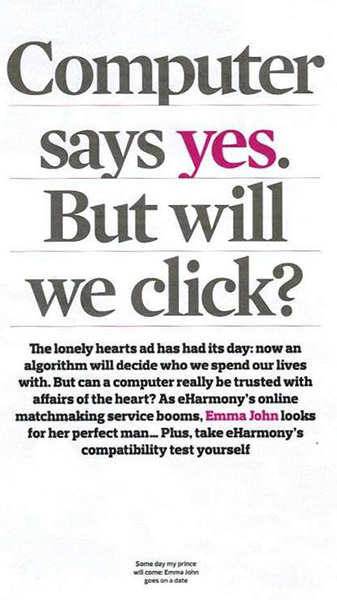 eharmony magazine clipping. Headline reads Computer says yes. But will we click?