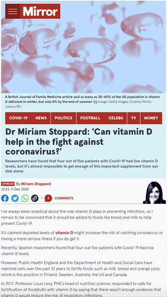 News clipping from Mirror. Headline reads Dr Miriam Stoppard: 'Can vitamin D help in the fight against coronavirus?'