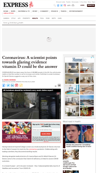 News clipping for Express. Headline reads Coronavirus: A scientist points towards glaring evidence vitamin D could be the answer
