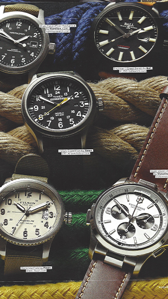 Five watches laid out on rope background
